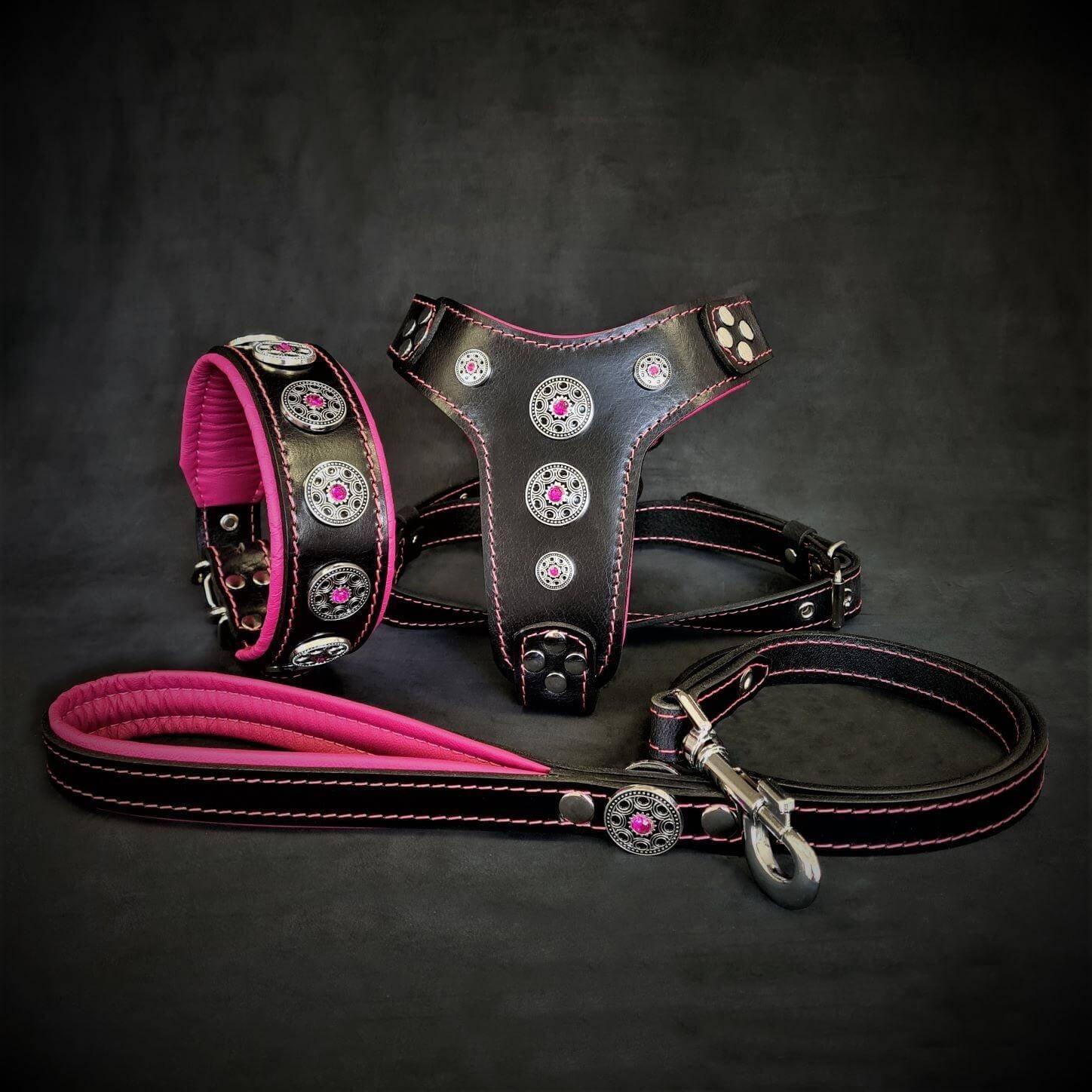 The ''Bijou'' SET - Collar, Harness, Leash. Pink Size XL- fits a neck of 22.6 to 25.6 inch (57.5 - 65 cm)