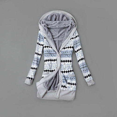 Autumn And Winter Jacket Printed Hooded Wool Liner Knit Midi Length