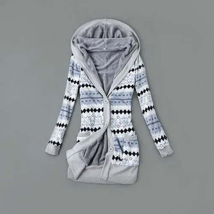 Autumn And Winter Jacket Printed Hooded Wool Liner Knit Midi Length S / Blue