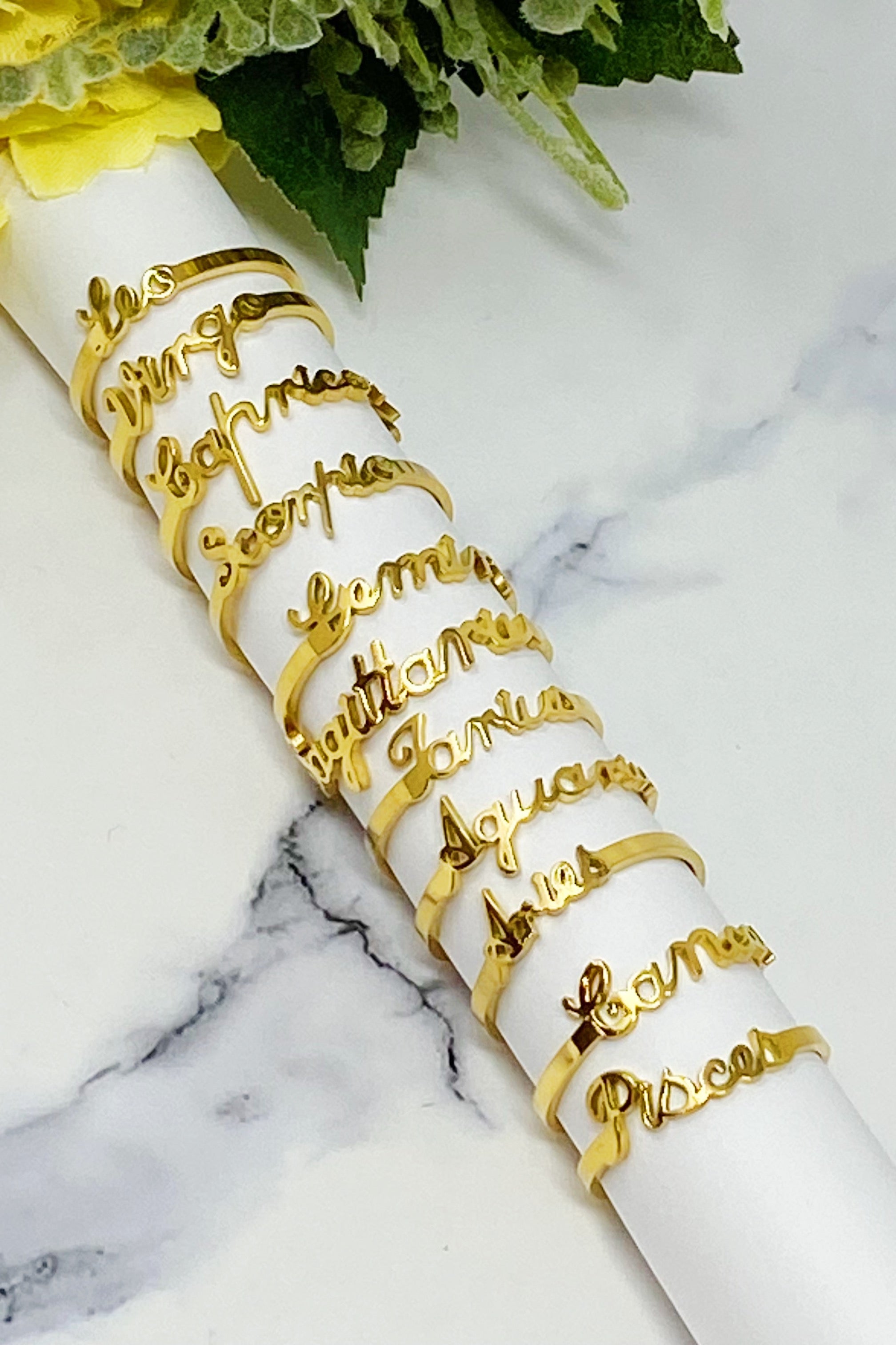 Elegant Scripted Zodiac Ring – Adjustable 18K Gold Plated Stainless Steel