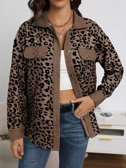 Full Size Leopard Print Button-Down Jacket Plus Size 3XL / Brown