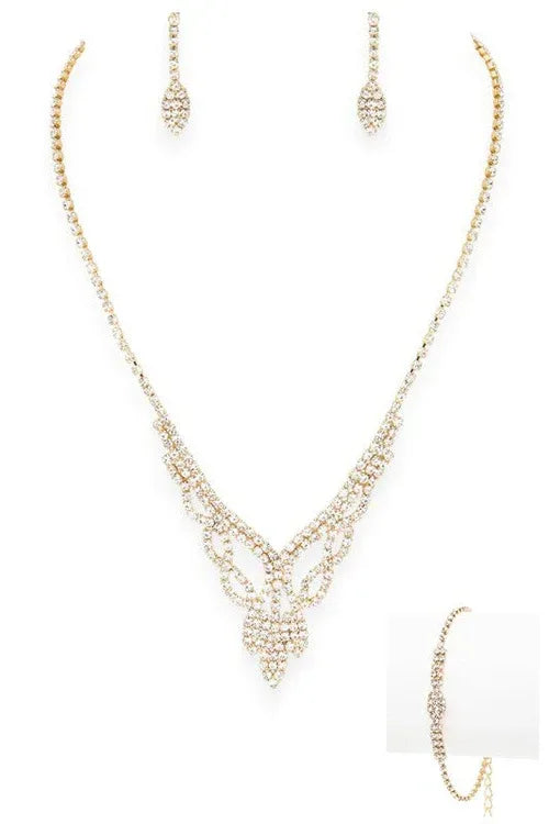 3 IN 1 Rhinestone Bridal Neccklace Set O/S / Gold/Clear