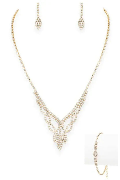 3 IN 1 Rhinestone Bridal Neccklace Set O/S / Gold/Clear