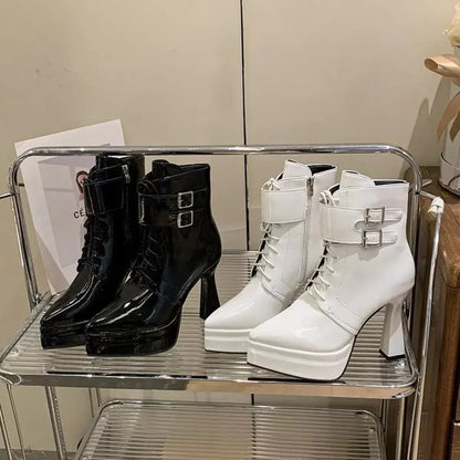 Lace Up Women's Round Toe : Chunky Heel Ankle Boots 3 / White