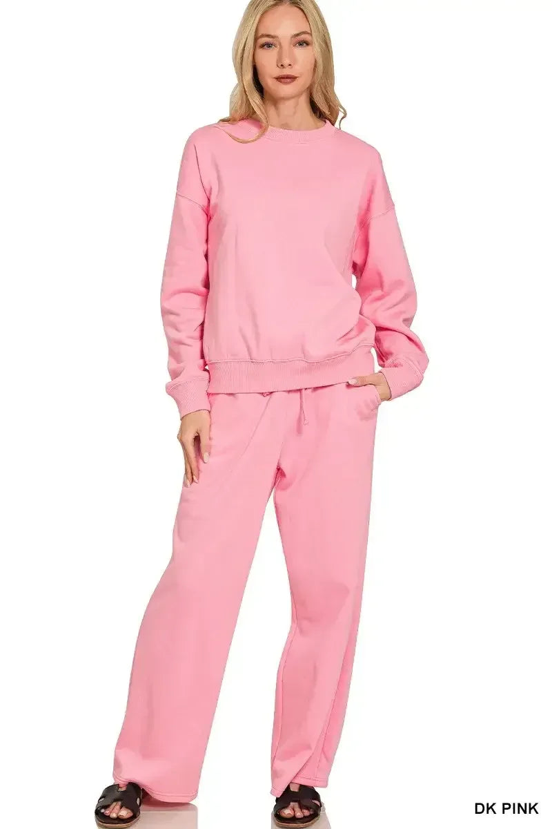 Zenana Fleece Long Sleeve Top and Sweatpants Set DK PINK / S