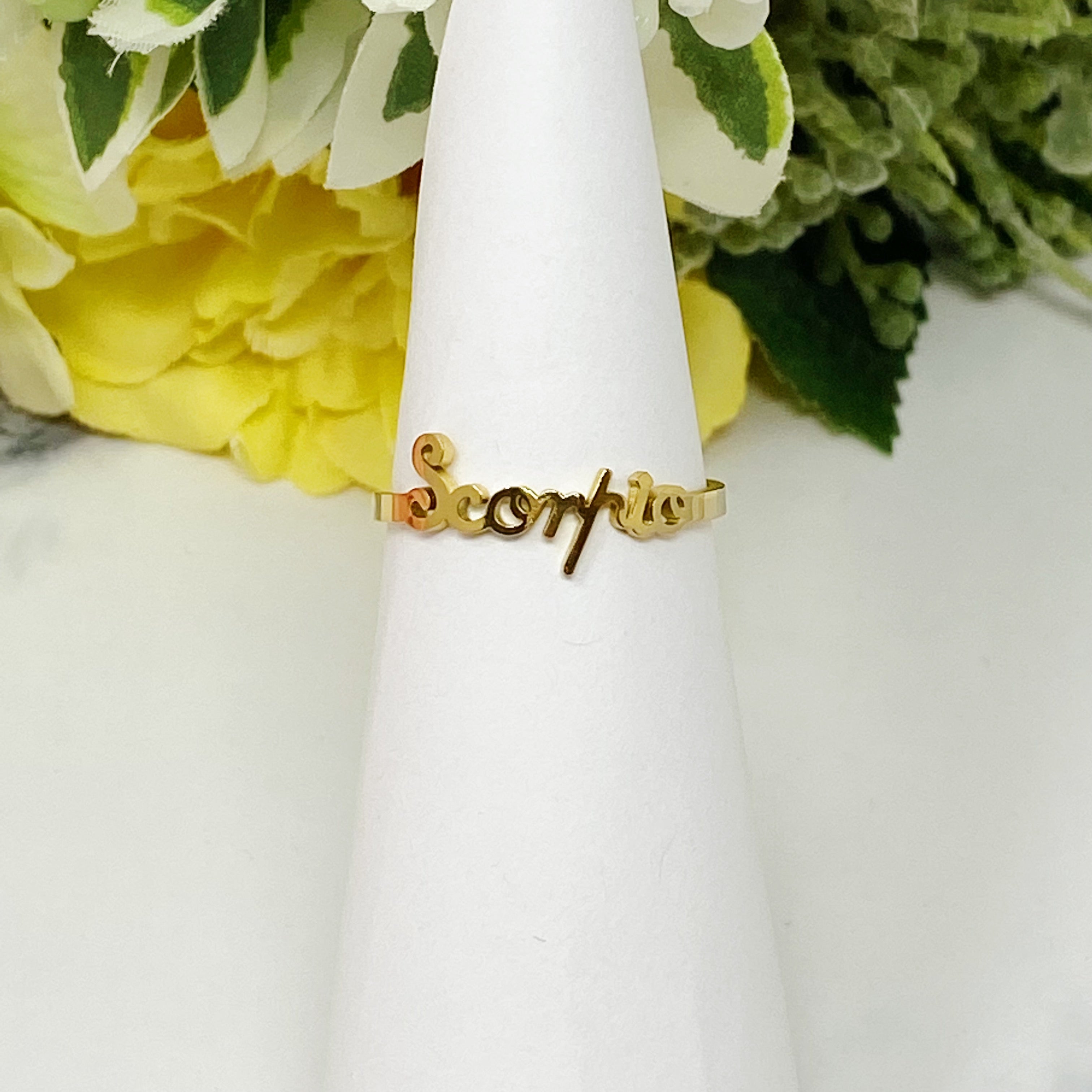 Elegant Scripted Zodiac Ring – Adjustable 18K Gold Plated Stainless Steel