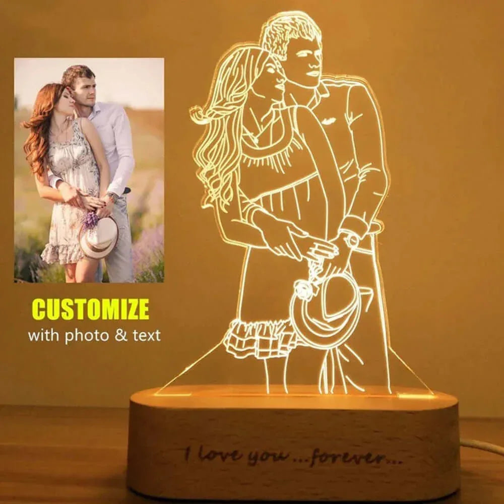 Personalized Custom Wooden Photo Frame Photo Text Customized USB LED 3D Lamp Bedroom Night Light Wedding Anniversary Birthday Gi 1 people / Monochrome plug base