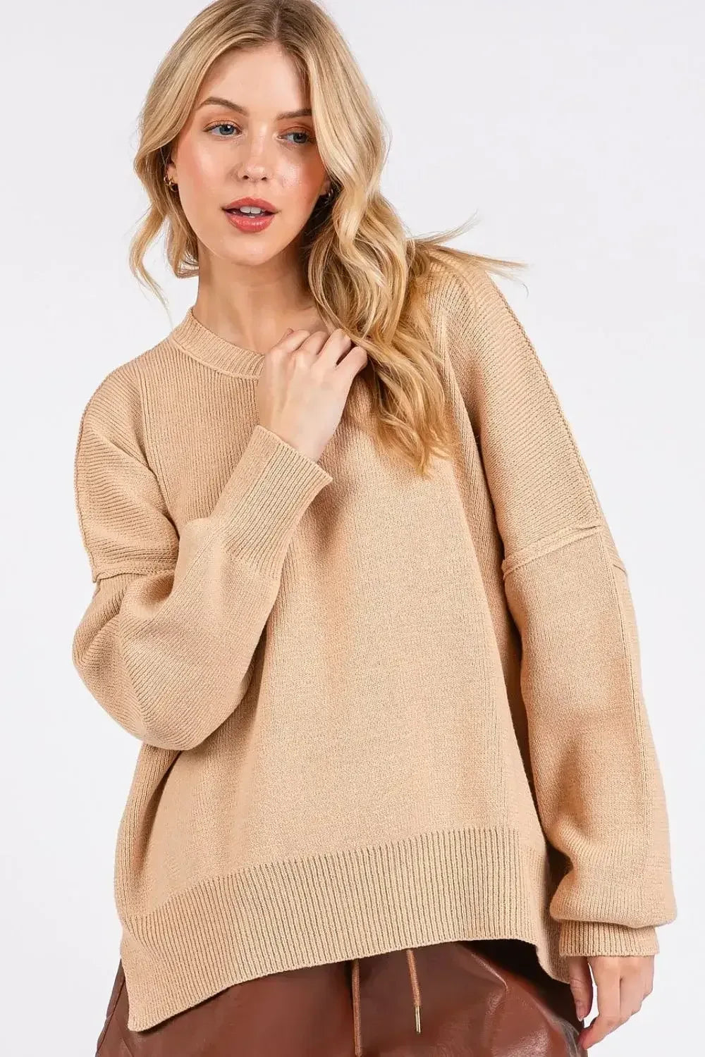 Mittoshop Side Slit Round Neck Drop Shoulder Sweater Tan / S
