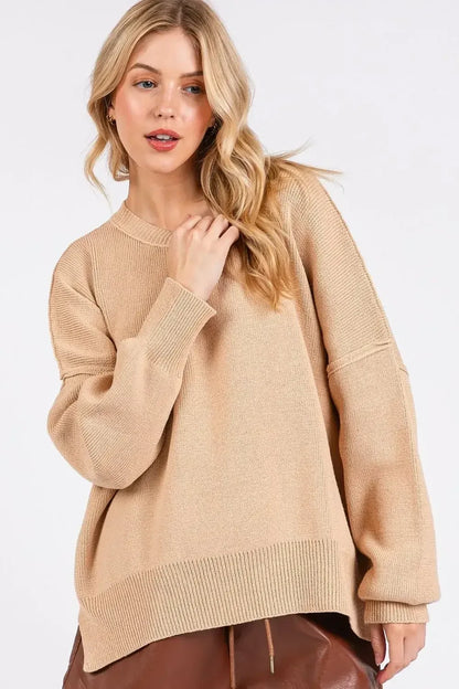 Mittoshop Side Slit Round Neck Drop Shoulder Sweater Tan / S