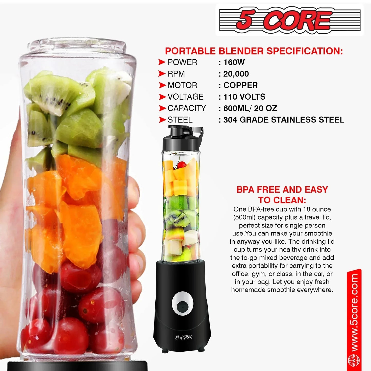 5Core Portable Personal Blender for Kitchen 20Oz Capacity 160W No