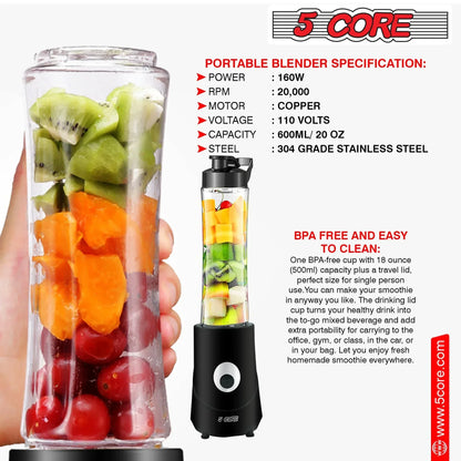 5Core Portable Personal Blender for Kitchen 20Oz Capacity 160W No