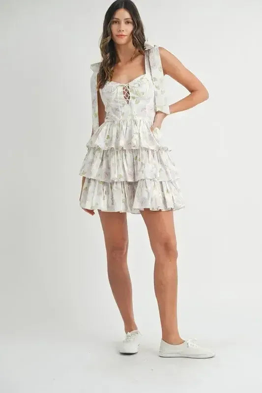 MABLE Floral Print Shoulder Tie Layered Mini Dress Off White / M