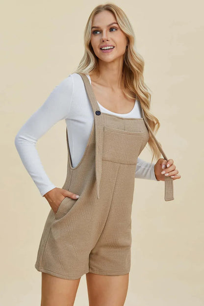 Double Take Full Size Texture Sleeveless Romper Khaki / S