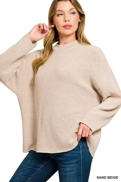 Zenana Round Neck Knit Top and Shorts Sweater Set SAND BEIGE / S
