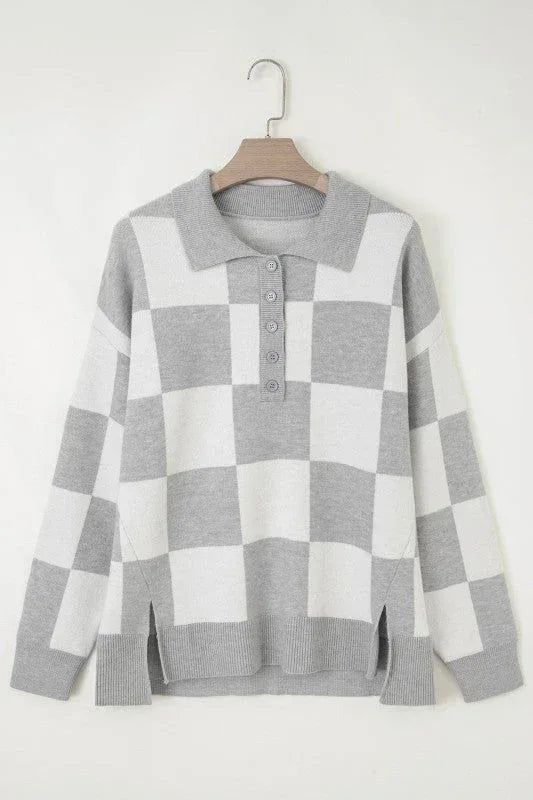 Plus Size Checker Buttoned Polo Collar Sweater 1X / Gray