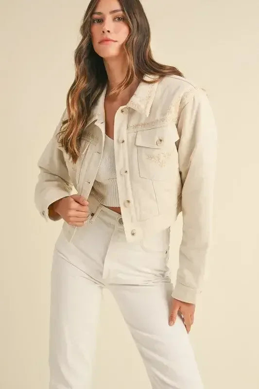 MABLE Embroidered Quilted Cropped Jacket Taupe / S