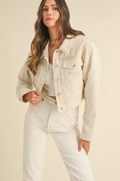 MABLE Embroidered Quilted Cropped Jacket Taupe / S
