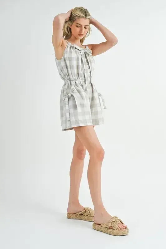 MABLE Plaid Sleeveless Button Down Romper Lt Taupe / S