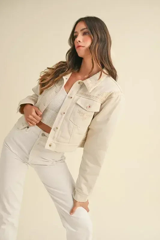 MABLE Embroidered Quilted Cropped Jacket Taupe / S