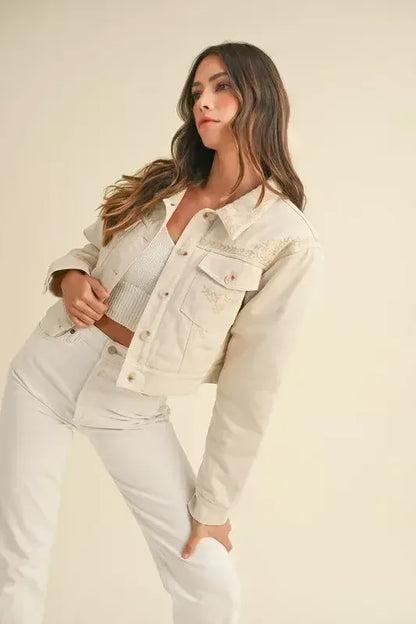 MABLE Embroidered Quilted Cropped Jacket Taupe / S