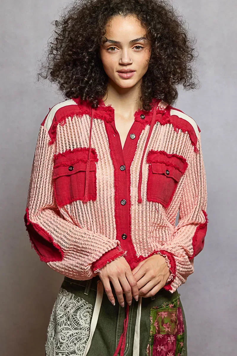 POL Texture Woven Button Down Hooded Shirt with Drawstring Hem BLUSH RED MULTI / S