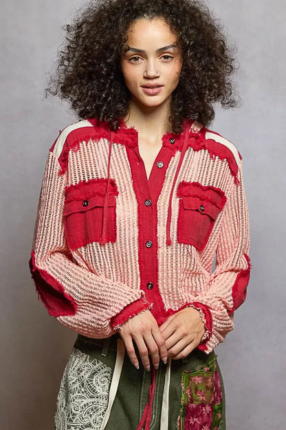 POL Texture Woven Button Down Hooded Shirt with Drawstring Hem BLUSH RED MULTI / S