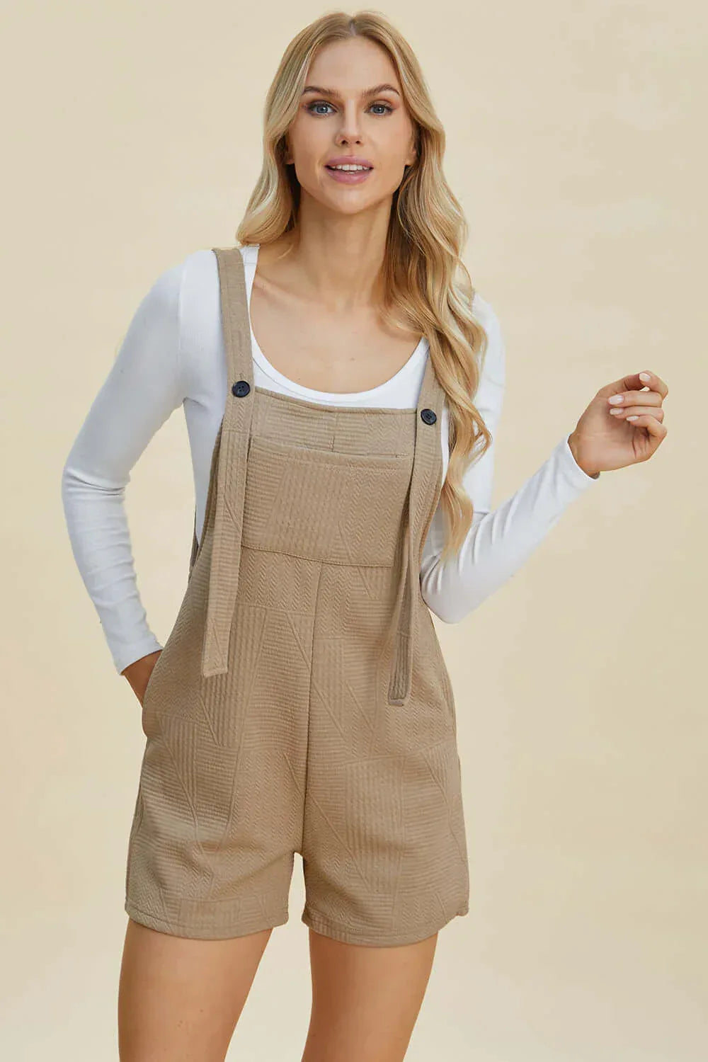 Double Take Full Size Texture Sleeveless Romper Khaki / S