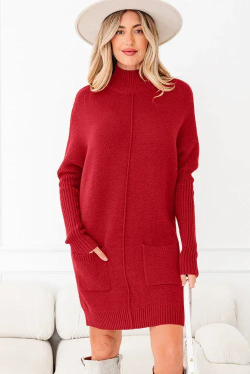 Solid Ribbed Mock Neck Sweater Dress S / Fiery Red