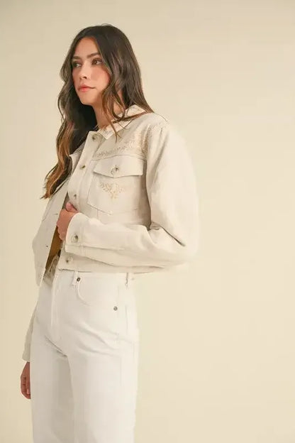 MABLE Embroidered Quilted Cropped Jacket Taupe / S