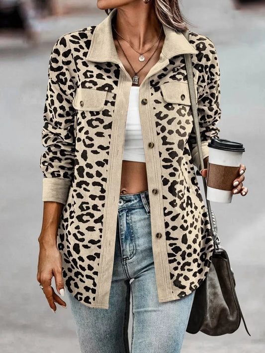 Full Size Leopard Print Button-Down Jacket Plus Size 3XL / Brown