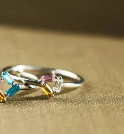 925 Rectangular Birthstone Ring Silver / 6diamond / 10