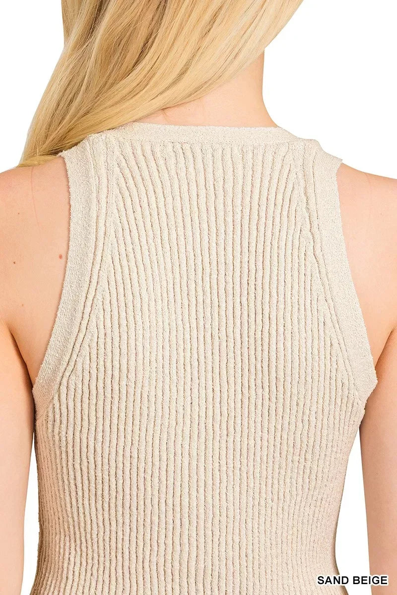 Zenana Ribbed Knit Button-Down Sweater Vest SAND BEIGE / S