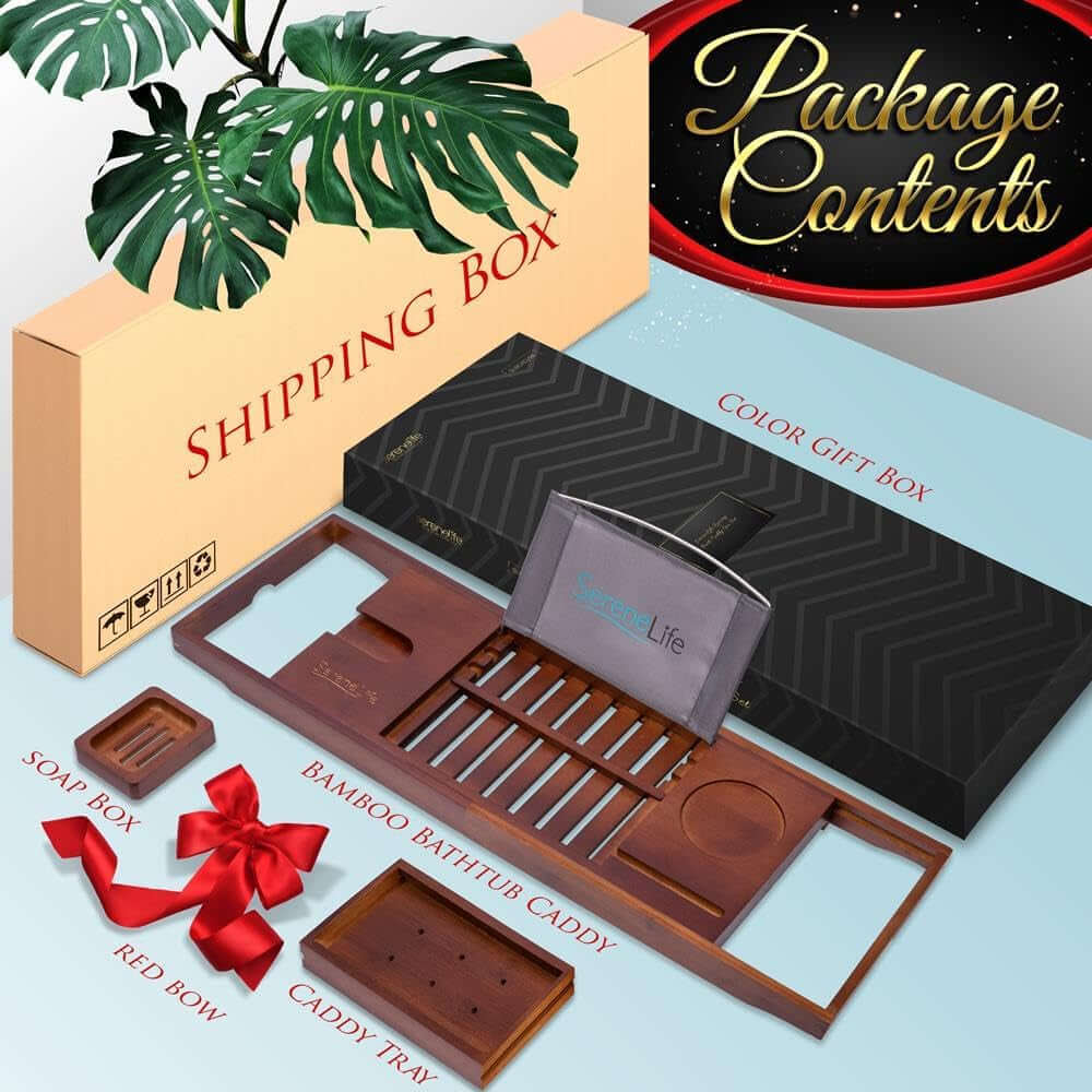 Shopminx Bamboo Bathtub Caddy Tray – Expandable Waterproof Bath Tray with Wine Glass Holder, Tablet Stand & Removable Accessory Slots – Eco-Friendly, Adjustable & Durable Default Title