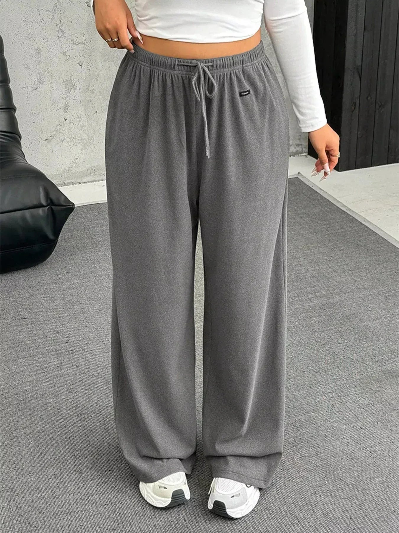 Full Size Drawstring Wide Leg Pants Plus Size XL / Gray