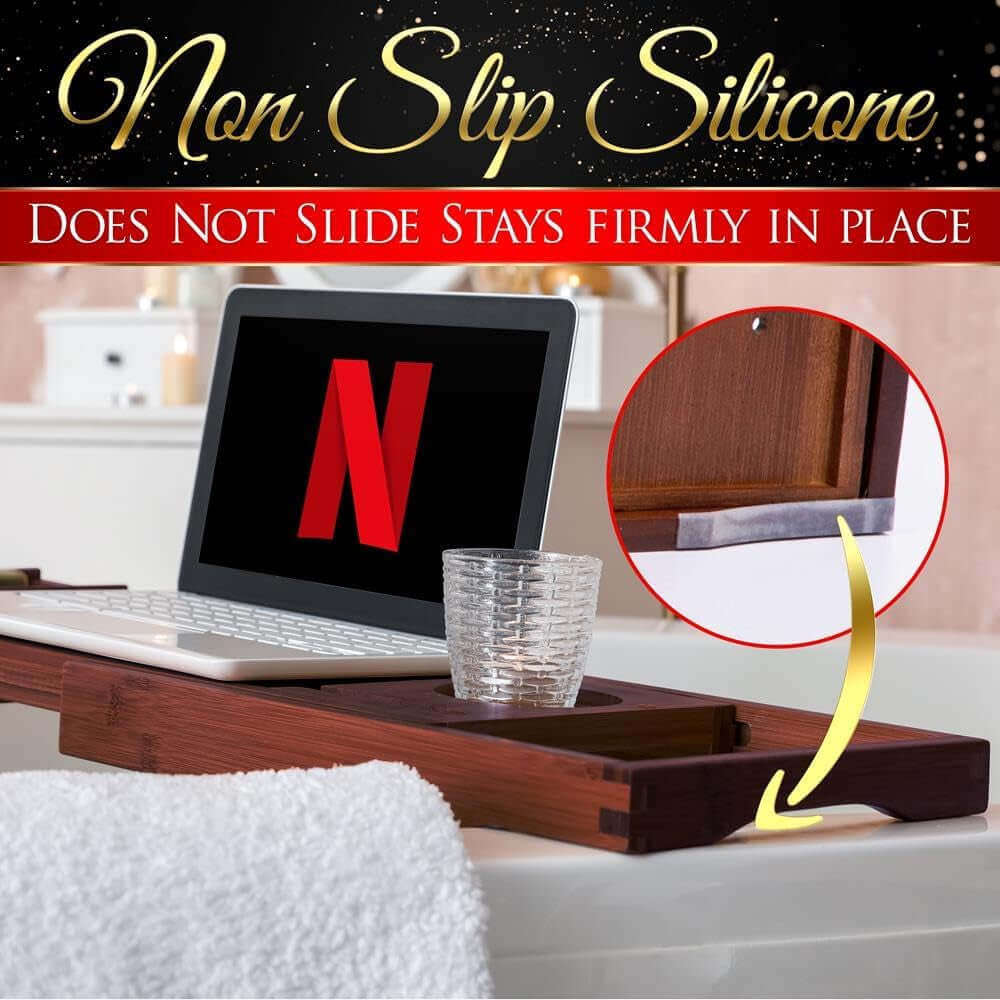 Shopminx Bamboo Bathtub Caddy Tray – Expandable Waterproof Bath Tray with Wine Glass Holder, Tablet Stand & Removable Accessory Slots – Eco-Friendly, Adjustable & Durable Default Title