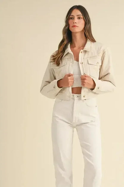 MABLE Embroidered Quilted Cropped Jacket Taupe / S