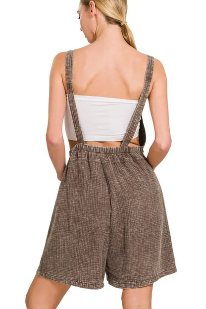 Zenana Woven Double Gauze Acid Washed Romper BROWN / S