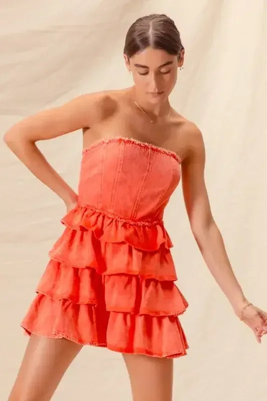 SO ME Strapless Ruffle Layered Game Day Cheer Up Dress ORANGE / S
