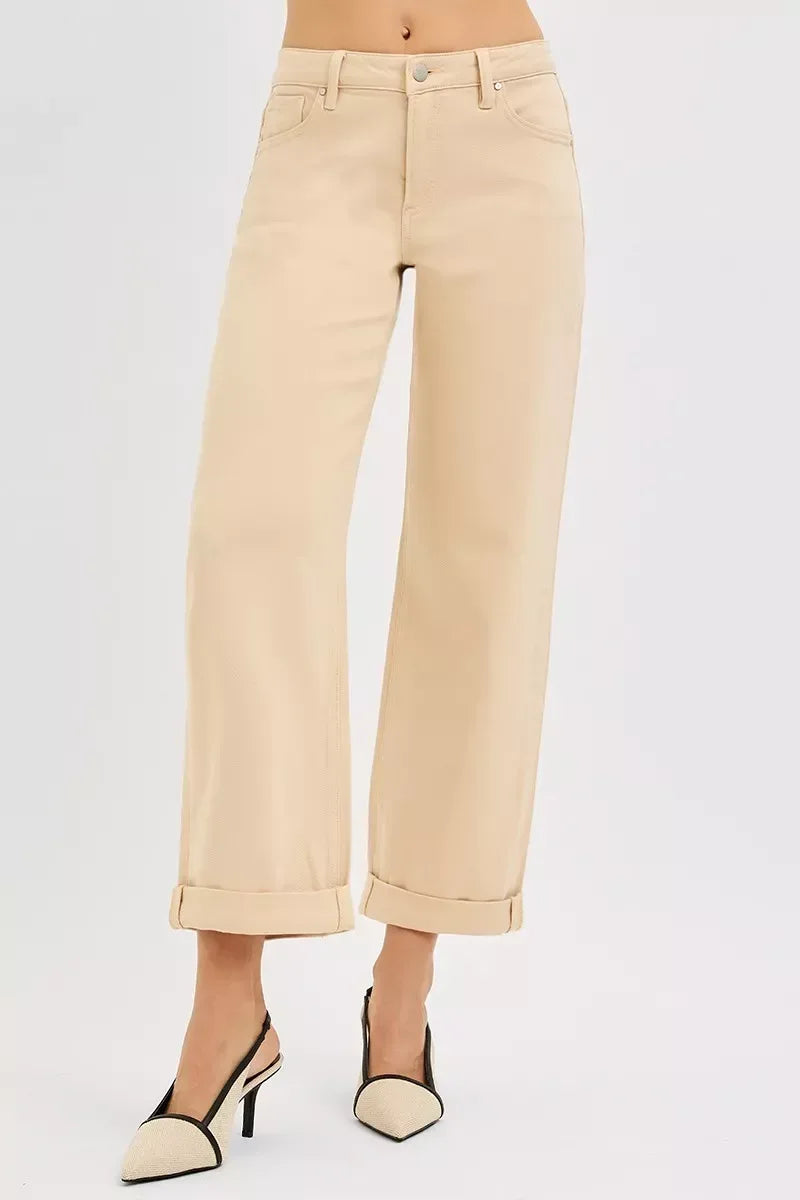 RISEN Tummy Control Mid Rise Ankle Barrel Relaxed Baggy BUTTER MILK / 0