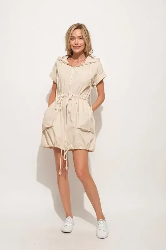 And The Why Short Sleeve String Details Hooded Mini Dress Almond / S