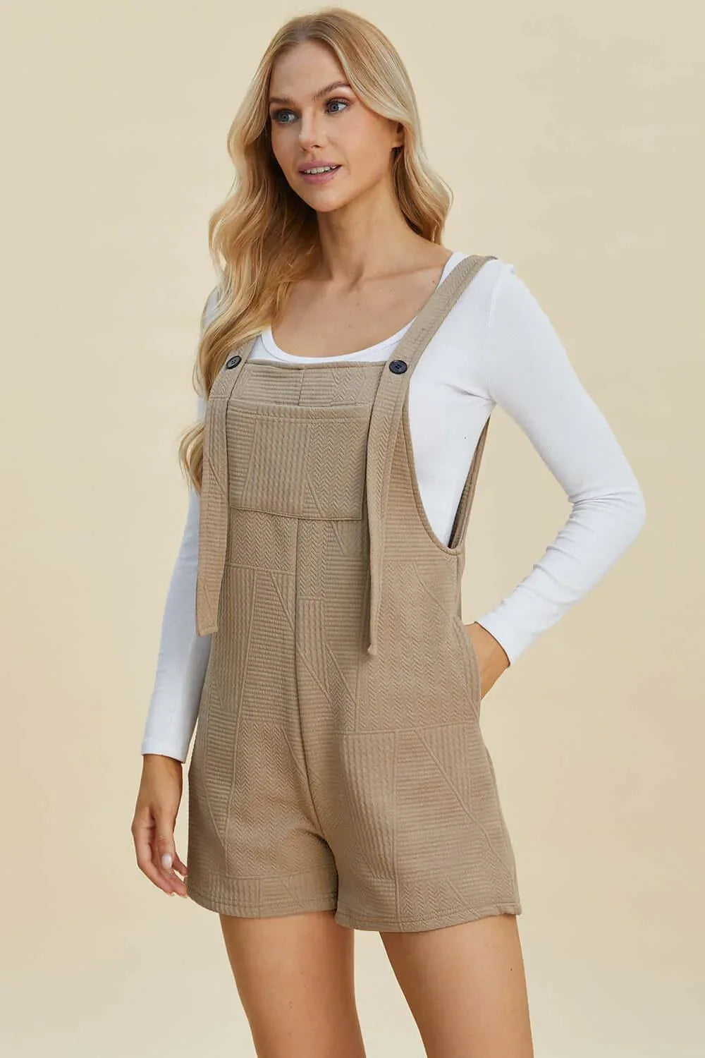 Double Take Full Size Texture Sleeveless Romper Khaki / S