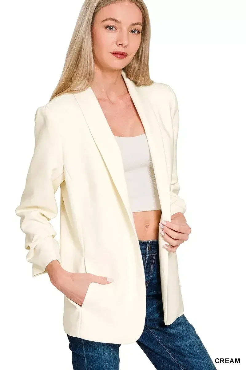 Zenana Woven 3/4 Ruched Sleeve Open Front Classic Blazer CREAM / S