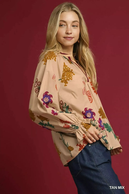 Umgee Floral Print Flounce Sleeve Blouse TAN MIX / S