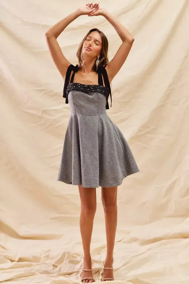 SO ME Houndstooth Fit Flare Mini Dress with Shoulder Tie BLACK / S