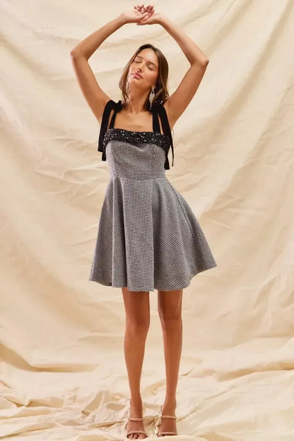 SO ME Houndstooth Fit Flare Mini Dress with Shoulder Tie BLACK / S