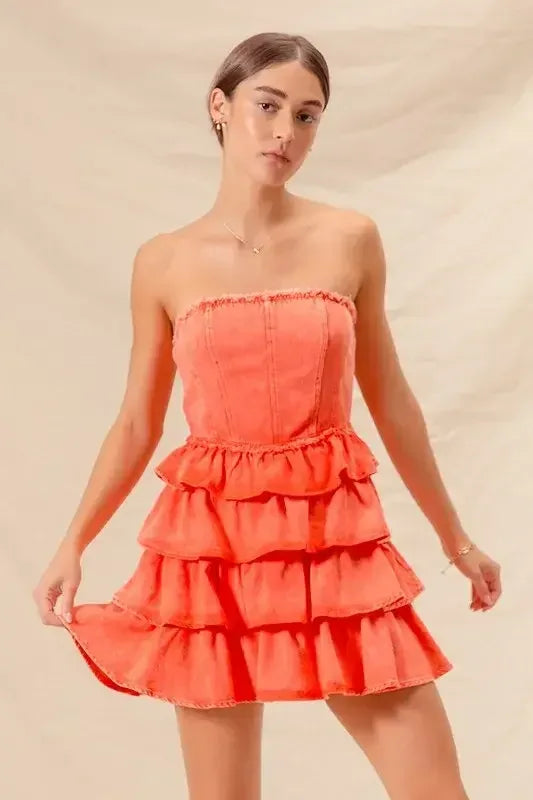 SO ME Strapless Ruffle Layered Game Day Cheer Up Dress ORANGE / S