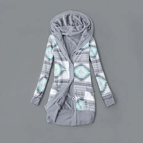 Autumn And Winter Jacket Printed Hooded Wool Liner Knit Midi Length S / Gray green