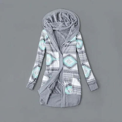 Autumn And Winter Jacket Printed Hooded Wool Liner Knit Midi Length S / Gray green