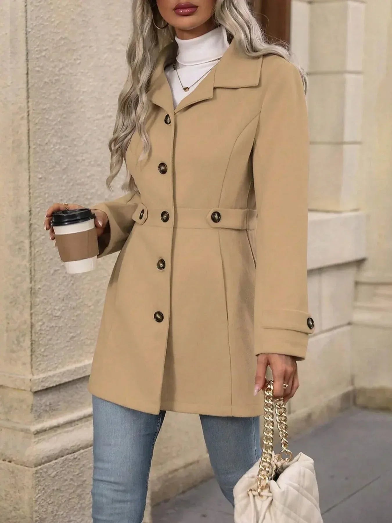 Button Up Long Sleeve Coat S / Apricot