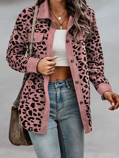 Full Size Leopard Print Button-Down Jacket Plus Size M / Pink